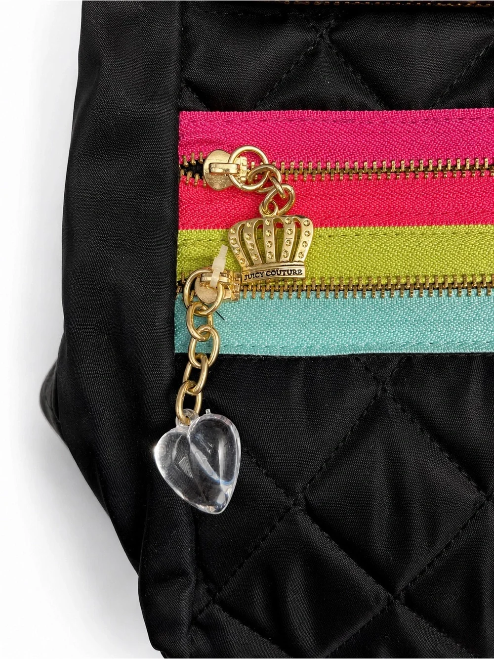 Juicy Couture Black Quilted Backpack with Pink, Lime & Aqua Stripes